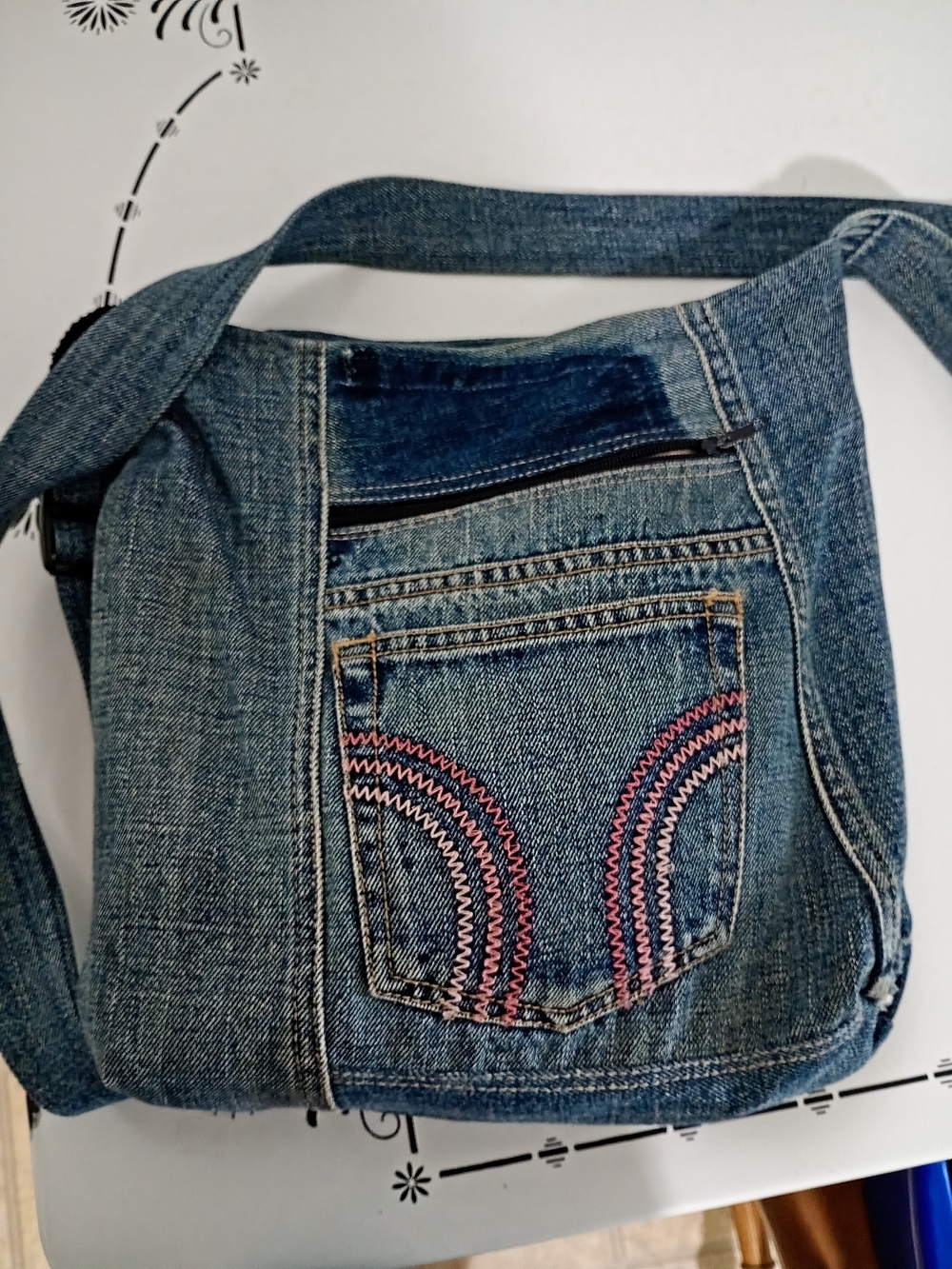 Denim Crossbody Bag with Pink Embroidered Detail